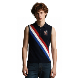 【選購無袖條紋拼接Polo衫】|黑色底色|紅白藍斜條紋拼接|翻領五粒紐設計|無袖剪裁|左胸徽章馬頭圖案|無袖Polo批發  P1833 【選購無袖條紋拼接Polo衫】|黑色底色|紅白藍斜條紋拼接|翻領五粒紐設計|無袖剪裁|左胸徽章馬頭圖案|無袖Polo批發  P1833